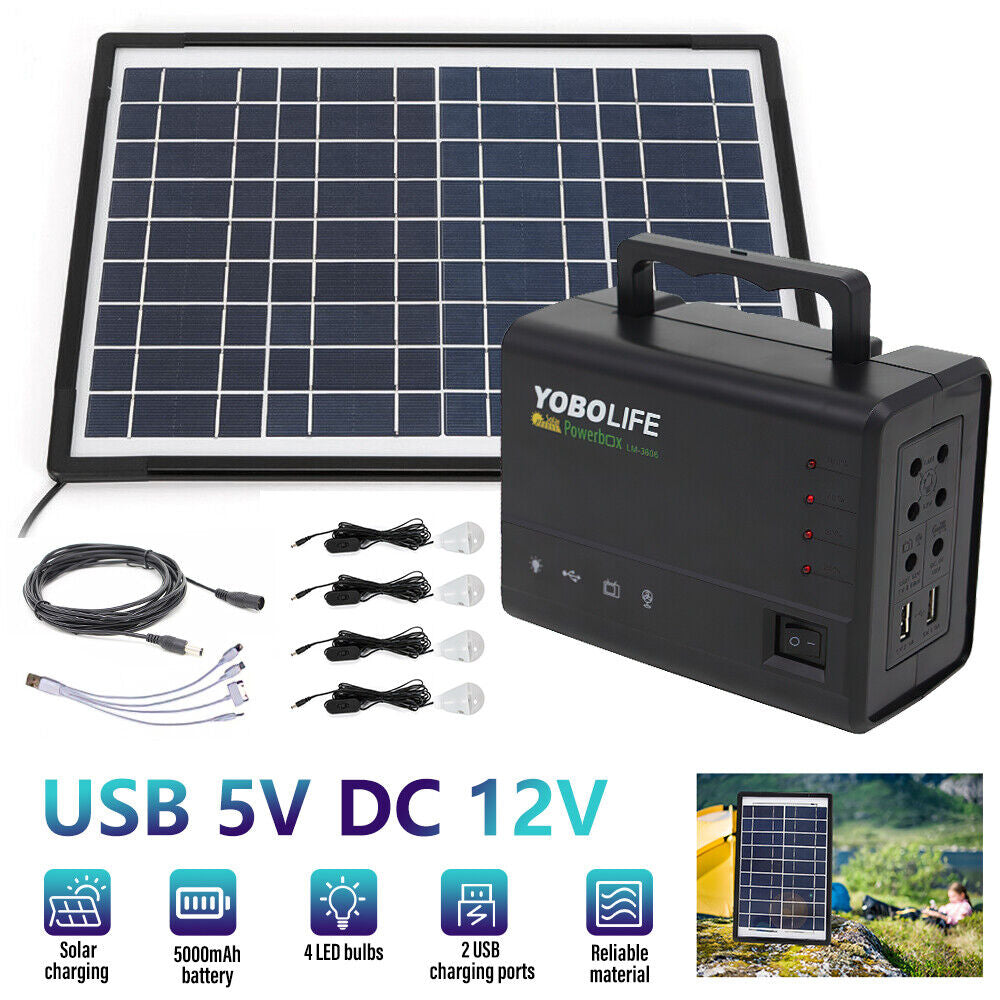 Solar Panel Kit Power Generator | Portable Battery Pack Power Station W/ 4 Bulbs