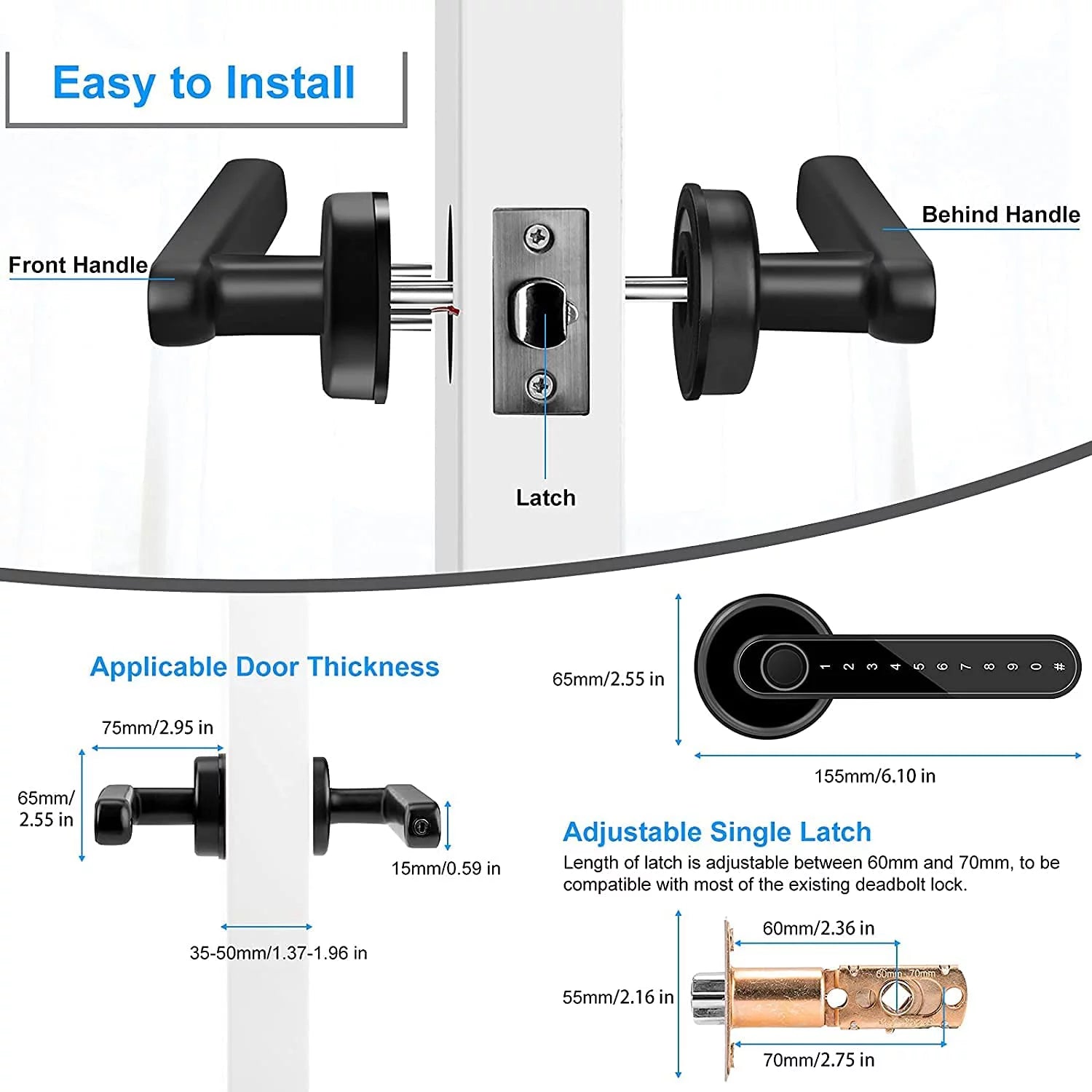 Smart Door Lock,Keyless Entry Door Lock with Handle,Fingerprint Door Lock with Tuya App,Smart Door Knob with Key for Home Bedroom