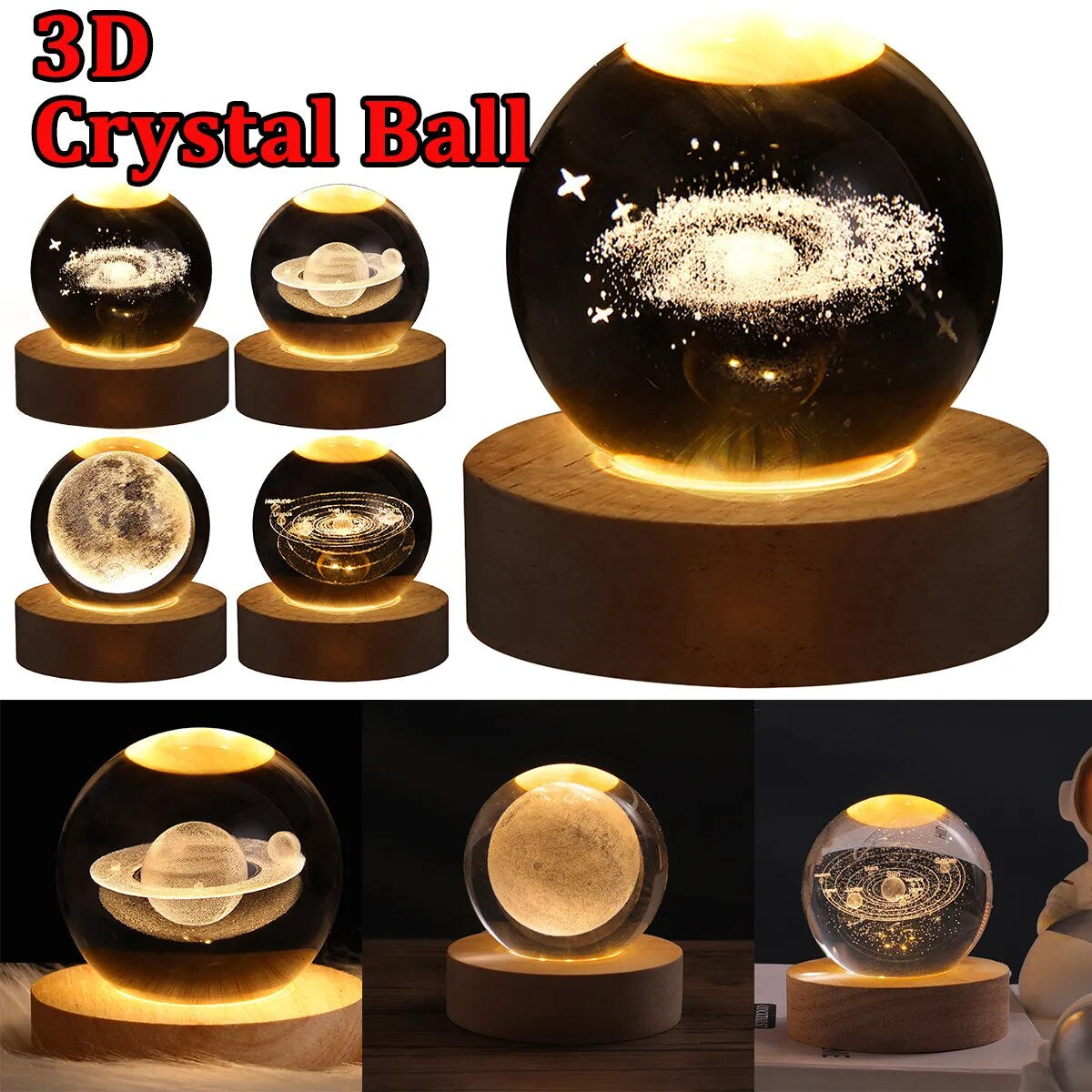 USB LED Night Light, Galaxy Crystal Ball Lamp, 3D Planet Moon Lamp, Home Decoration