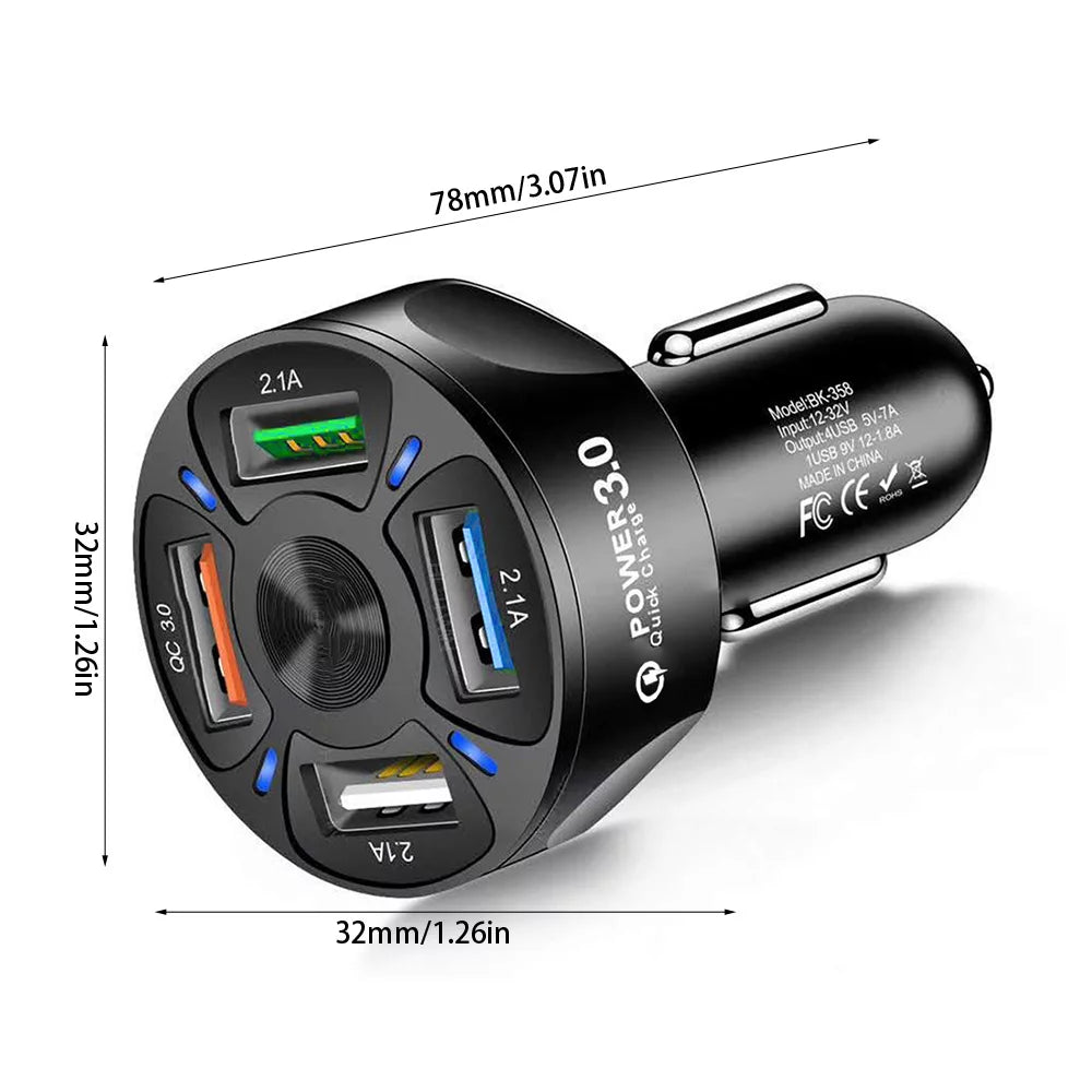 4-Port USB Car Charger, QC3.0 Fast Charging 4 USB Car Charger Adapter 7A Smart Shunt Car Phone Charger with Light, Suitable for Iphone & Android,Samsung Galaxy S10 S9 Plus