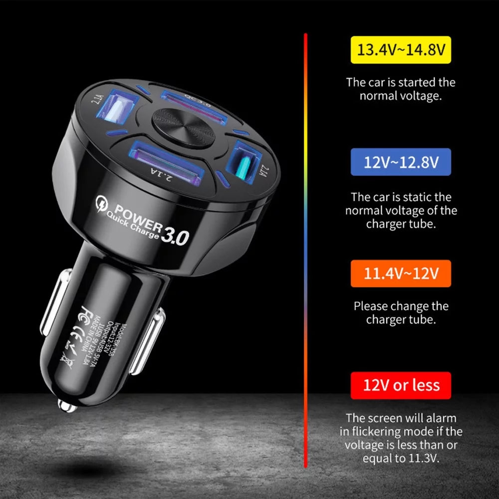 4-Port USB Car Charger, QC3.0 Fast Charging 4 USB Car Charger Adapter 7A Smart Shunt Car Phone Charger with Light, Suitable for Iphone & Android,Samsung Galaxy S10 S9 Plus