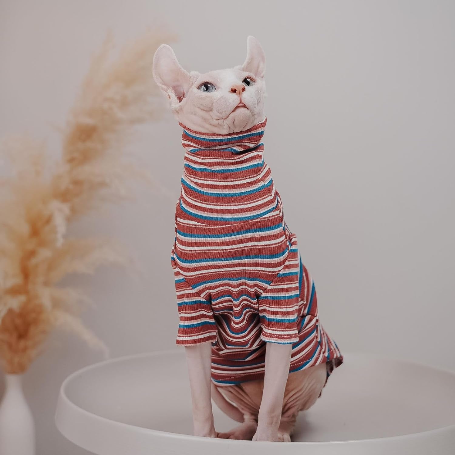 Vintage Stripes Sphynx Hairless Cat Cute Breathable Summer Cotton T-Shirts Pet Clothes,Round Collar Vest Kitten Shirts Sleeveless, Cats & Small Dogs Apparel (S (2-3.5 Lbs), Vintage Wine)